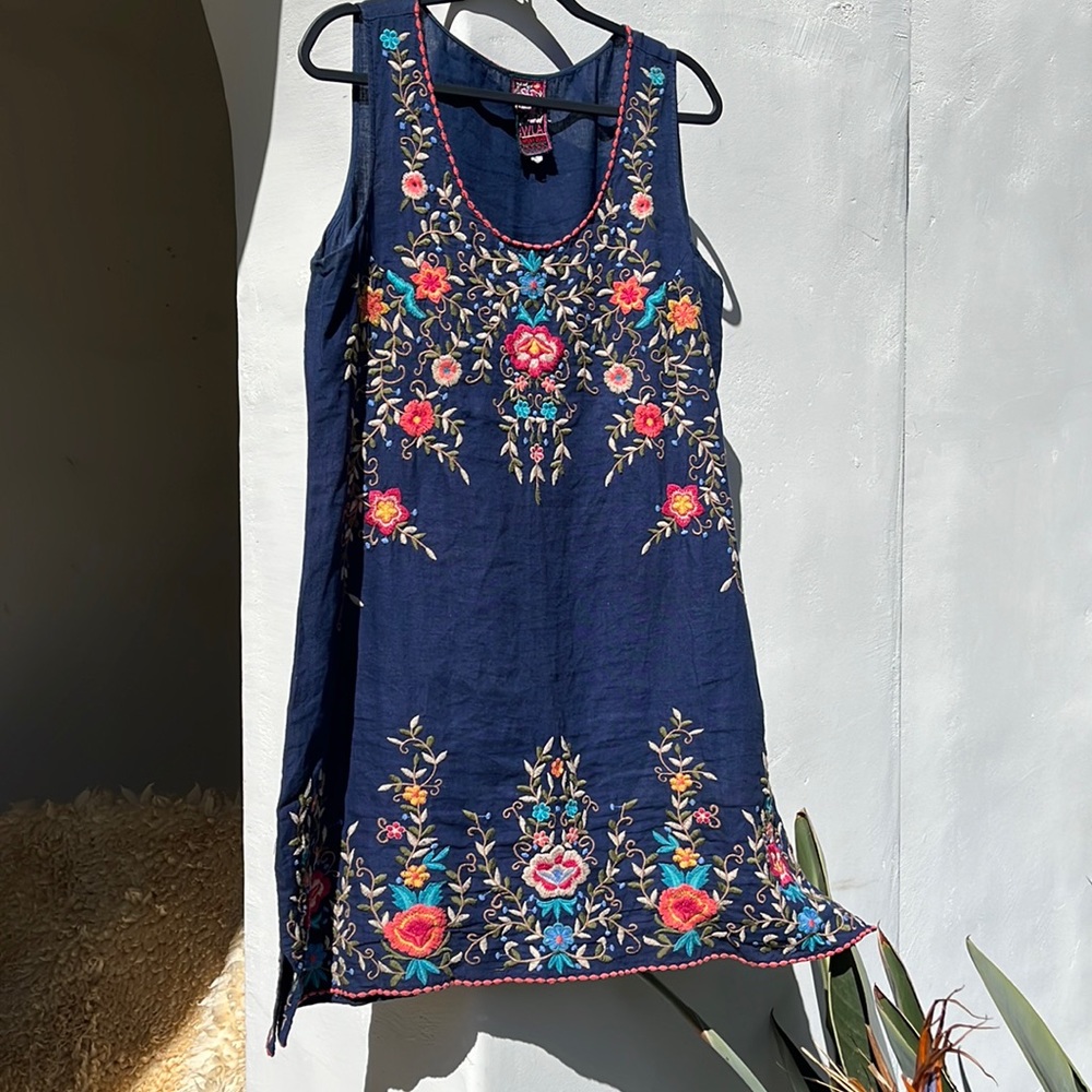 Johnny Was JWLA linen shift dress navy L